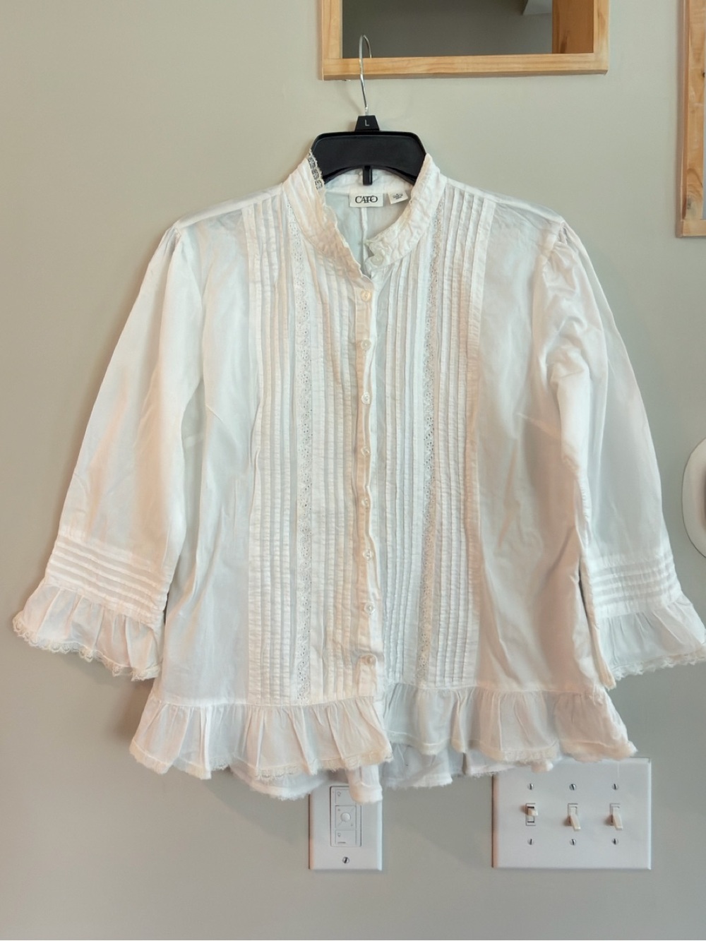 Cato White Pintuck & Ruffle Button-Up Blouse
